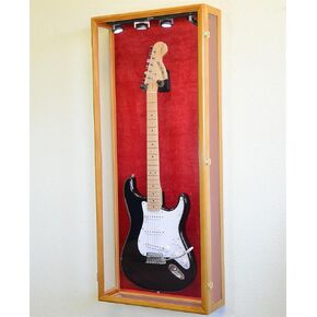 Clear Viewing Guitar Display Case Fender Acoustic Electric Cabinet Rack Holder (Walnut Finish, Red Background)