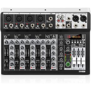 XTUGA KP6 6 Channel Audio Mixer, 16-Bit DSP Effect USB Audio Interface Effects +48V Phantom Bluetooth for Home Studio Recording Live Streaming Recording Equipment