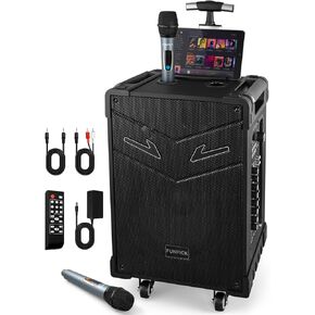 3-Way Trolley PA System with Wireless Microphones, Bluetooth Karaoke Machine with 10" subwoofer, Rechargeable Speaker for Adults, Support TWS/USB/Guitar/FM/AUX