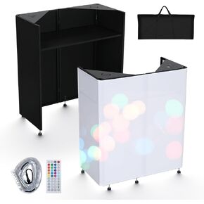 Kokorona Portable DJ Booth 20"x42.5"x45.3" with Dual Top Corners, DJ Facade Booth with Cable Hole, DJ Table Stand with Light Strip and Remote Control, Metal Frame + Black & White Scrims + Carry Bag