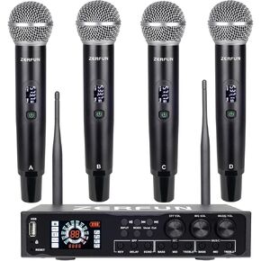 Pro Rechargeable Wireless Microphone System & Pre Effector, 4 x 50 Channel UHF Metal Handheld Cordless Mics with LCD Display, Vocal Cut, Bluetooth, USB Port, XLR, 1/4, Optical, RCA Input/Output