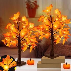 [ 2 Pack & Timer ] Fall Decor - 18 Inch Prelit Fall Maple Tree with Lights, Artificial Fall Lighted Tree Battery Operated Sunflowers Pumpkins Autumn Harvest Fall Decorations Indoor Home Table Decor