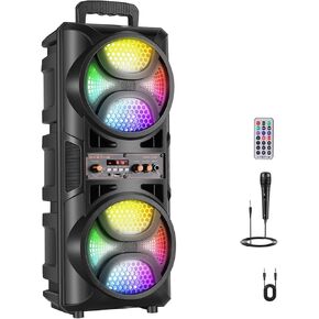 Portable PA Speaker System with Dual 6.5 Inch Woofer, TWS Wireless Bluetooth Speaker with Wired Microphone, Remote, FM Radio, Party Lights, Outdoor Karaoke Machine for Events, Camping, Travel
