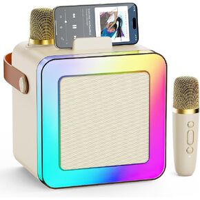 Karaoke Machine for Kids Adults, Portable Bluetooth Karaoke Speaker with 2 Wireless Microphones, Karaoke System with Mics Storage Hole and Lights, Birthday Gifts for Girls Boys Family Home Party
