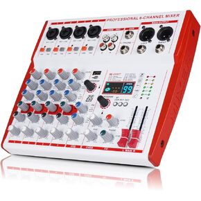 MW-6 6 Channel Professional DJ Audio Mixer, Portable Controller Mixer with DSP 99 Preset Effects for Live Streaming, Podcasting, Home Party (Red White)
