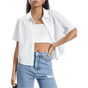 SweatyRocks Girl's Button Down Shirts Collar Neck Short Sleeve Summer Blouse Tops with Pocket