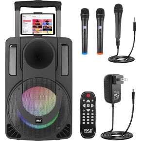 Pyle 8’’ Portable PA Speaker System - 280 Watts PA & Karaoke Speaker with Two Wireless & 1 Wired Microphone, Wireless Bluetooth Streaming, Flashing Party Lights, MP3/USB/FM Radio