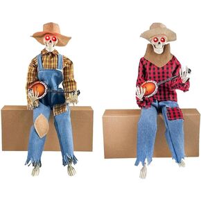 Halloween Animated Banjo Skeletons Ornament,Dueling Banjo Skeletons, Funny Spooky Skeleton Playing Banjo,Halloween Interior Decor for Parties and Taking Photos for Halloween. (Red＋Yellow)