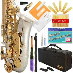 360-BN-N-Professional Black Nickel Body Gold Keys E-flat Eb Alto Saxophone Sax with 11 Reeds, Case, Music Book, Mouthpiece and Many Extras