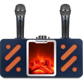 Karaoke Machine with Two Wireless Microphones, Portable Bluetooth Singing Speaker with Simulated Mantel Light, Karaoke Speaker Supports TF Card/USB, AUX in, FM, TWS (Black)