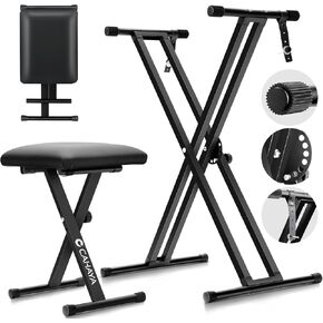 CAHAYA Keyboard Stand and Bench Set: Heavy Duty Double-X Keyboard Stand 7-Level Adjustable Portable Piano Stand and Bench with Locking Straps for 61 77 88 Keys