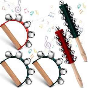 WILLBOND 5 Pieces Christmas Hand Jingle Bells Wooden Handle Bells Jingle Shaker Sleigh Bell Christmas Shaker Bell Rattle Musical Bell Instruments for Christmas Birthday Party Decoration, Red, Green