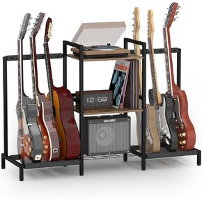 Guitar Stand Guitar Rack with 4 Guitar Holders for Acoustic, Electric Guitar,Bass,3-tiers Storage Shelf for Guitar Amp Picks Accessories,Guitar Stuff Organizer for Music Studio Home, Black
