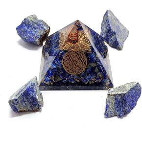 Combo of Citrine Orgone Crystal Pyramid with Flower of Life Symbol & 4 Pieces of Natural Raw Rough Stone for Positive Energy Generator, Reiki Chakra Healing, Meditation