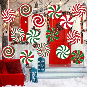 Ferraycle 16 Pcs Christmas Candy Ornaments Hanging Double Sided Peppermint Candy Tree Decor Porch and Tree Giant Candy Props for Xmas Home Office Yard Lawn Decor, 16 Styles (Candy Style)