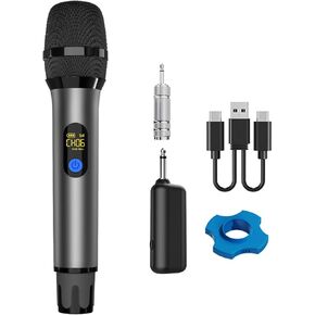 Wireless Microphone, UHF Cordless Handheld Dynamic Karaoke Singing Microfono Mic Set with Rechargeable Receiver for Karaoke Machine, Wedding, DJ, Party, Speech, Church, Class - Grey