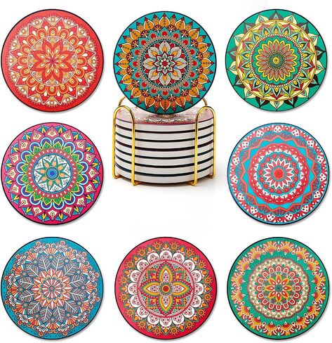 Ceramic Absorbent Coaster Set of 6 Mid Century Coasters for Drinks Modern Round Colorful Table Coasters with Holder Cool Coaster Funky Beach Coasters Cute Stone Cup Coasters in Kuwait
