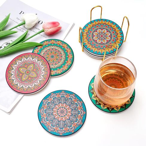 Ceramic Absorbent Coaster Set of 6 Mid Century Coasters for Drinks Modern Round Colorful Table Coasters with Holder Cool Coaster Funky Beach Coasters Cute Stone Cup Coasters in Kuwait