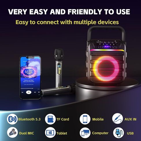 Adults Karaoke Machine with 2 Wireless Microphones, Portable Bluetooth Speaker with Bass/Treble Adjustment, PA System with Remote Control, LED Lights,Supports TF Card/USB, AUX in, FM, REC for Party in Saudi Arabia