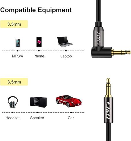 J&D 3.5mm Stereo Audio Aux Jack to Jack Gold Plated Cable 90 Degree Right Angle Compatible for iPhone, Galaxy, Speakers or All Other Devices, 12 Feet in Saudi Arabia