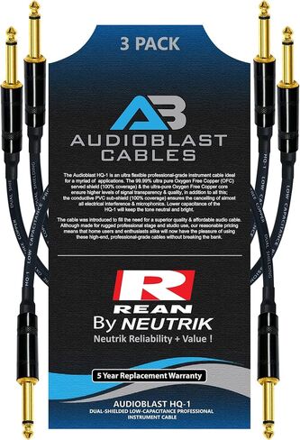 3 Units - 9 Inch - Audioblast HQ-1 - Ultra Flexible - Dual Shielded (100%) - Guitar Instrument Effects Pedal Patch Cable w/Neutrik-Rean NYS224BG Gold ¼ inch (6.35mm) TS Plugs & Triple Staggered Boots in Saudi Arabia