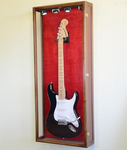 Clear Viewing Guitar Display Case Fender Acoustic Electric Cabinet Rack Holder (Walnut Finish, Red Background) in Kuwait