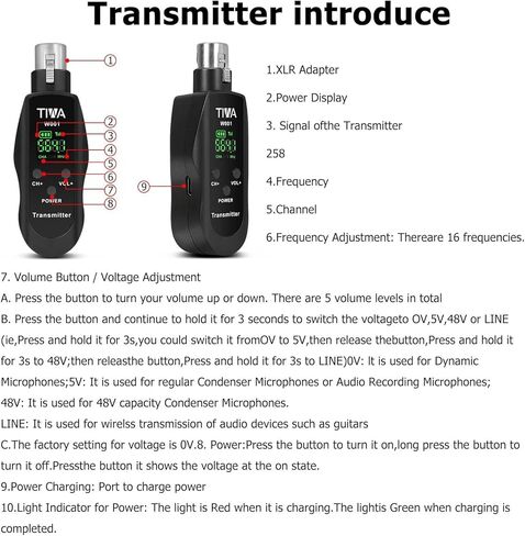 TIWA UHF Wireless XLR Transmitter and Receiver with 48V Power Supply,Rechargeable Mic Adapter 16 Channels 196ft Range for Dynamic/Condenser Mics,Audio Mixer,Electric Guitar Bass，PA System in Saudi Arabia
