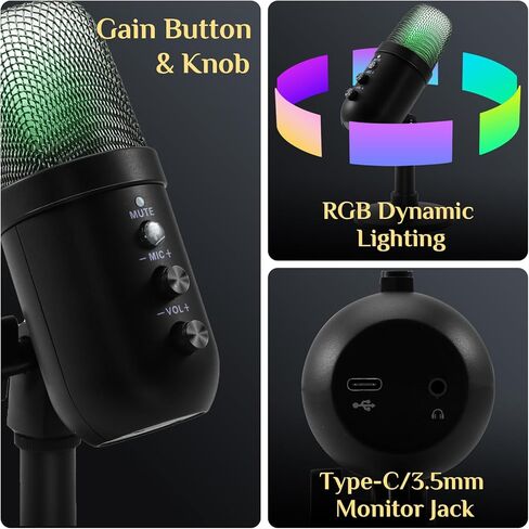 ميكروفون USB مكثف مع ضوء RGB، تشغيل التوصيل، للألعاب، البث، البث، التويتش، اليوتيوب، Discord، التسجيل لهاتف PC Mac in Kuwait