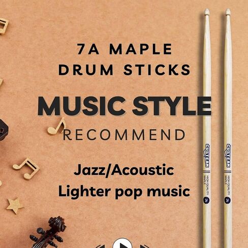 7A Drumsticks -Classic 7A Maple Drum sticks -Tear Drop Wood Tip - Durable and Balanced for Drummers, Ideal for Jazz/Acoustic/Lighter pop music, Suitable for Daily Practice in Saudi Arabia