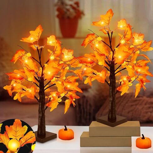 [ 2 Pack & Timer ] Fall Decor - 18 Inch Prelit Fall Maple Tree with Lights, Artificial Fall Lighted Tree Battery Operated Sunflowers Pumpkins Autumn Harvest Fall Decorations Indoor Home Table Decor in Saudi Arabia