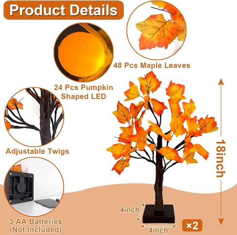 [ 2 Pack & Timer ] Fall Decor - 18 Inch Prelit Fall Maple Tree with Lights, Artificial Fall Lighted Tree Battery Operated Sunflowers Pumpkins Autumn Harvest Fall Decorations Indoor Home Table Decor in Saudi Arabia