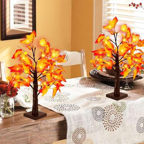 [ 2 Pack & Timer ] Fall Decor - 18 Inch Prelit Fall Maple Tree with Lights, Artificial Fall Lighted Tree Battery Operated Sunflowers Pumpkins Autumn Harvest Fall Decorations Indoor Home Table Decor in Saudi Arabia