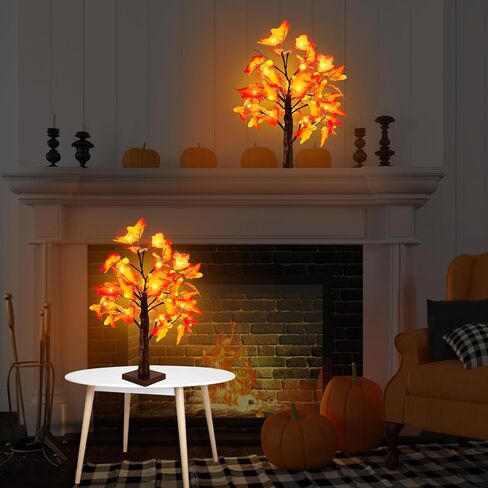 [ 2 Pack & Timer ] Fall Decor - 18 Inch Prelit Fall Maple Tree with Lights, Artificial Fall Lighted Tree Battery Operated Sunflowers Pumpkins Autumn Harvest Fall Decorations Indoor Home Table Decor in Saudi Arabia