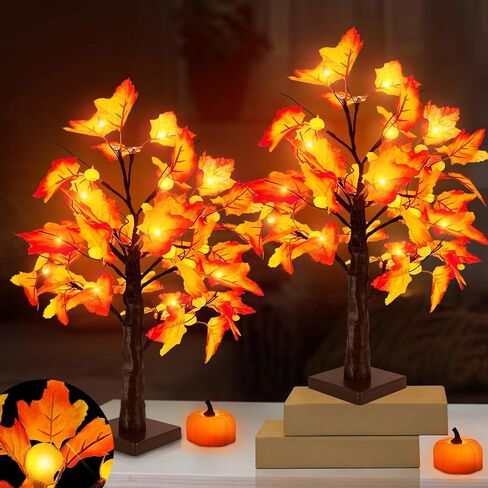 [ 2 Pack & Timer ] Fall Decor - 18 Inch Prelit Fall Maple Tree with Lights, Artificial Fall Lighted Tree Battery Operated Sunflowers Pumpkins Autumn Harvest Fall Decorations Indoor Home Table Decor in Saudi Arabia