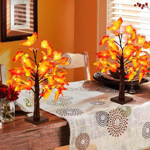 [ 2 Pack & Timer ] Fall Decor - 18 Inch Prelit Fall Maple Tree with Lights, Artificial Fall Lighted Tree Battery Operated Sunflowers Pumpkins Autumn Harvest Fall Decorations Indoor Home Table Decor in Saudi Arabia