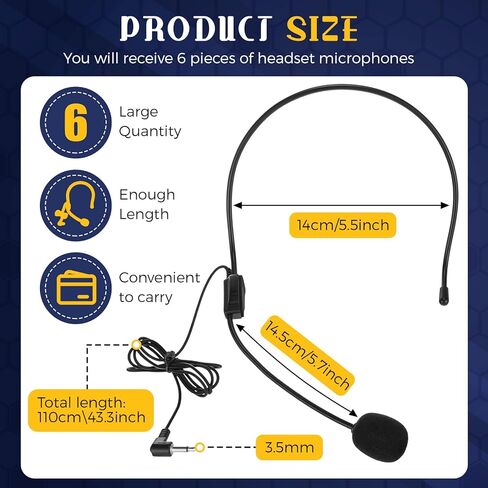 6 قطع من ميكروفون سماعة الرأس للهالوين، ميكروفون سلكي، ملحقات أزياء المغني المحمولة، سماعة رأس لمكبر الصوت، ومعلمي الدليل السياحي، ومكبرات الصوت، والمدربين، والعروض التقديمية، باللون الأسود in Kuwait