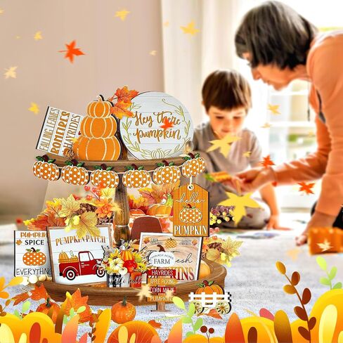 15 Pcs Fall Tiered Tray Decor Set Pumpkins Farmhouse Decor Autumn Maple Leaf Table Centerpieces Thanksgiving Harvest Wood Blocks Signs for Home Decor in Saudi Arabia