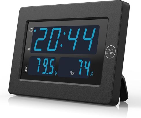 KWANWA LED Digital Clock with Indoor Temperature, Humidity, 12/24Hour, Wall Mount/Foldable Stand, 3 Dimmer, LED Digital Clock, Alarm Clock for Bedroom, Office, Living Room, Elderly in Kuwait