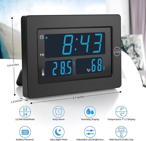 KWANWA LED Digital Clock with Indoor Temperature, Humidity, 12/24Hour, Wall Mount/Foldable Stand, 3 Dimmer, LED Digital Clock, Alarm Clock for Bedroom, Office, Living Room, Elderly in Kuwait