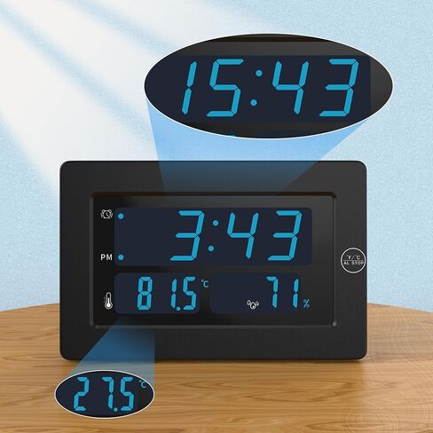 KWANWA LED Digital Clock with Indoor Temperature, Humidity, 12/24Hour, Wall Mount/Foldable Stand, 3 Dimmer, LED Digital Clock, Alarm Clock for Bedroom, Office, Living Room, Elderly in Kuwait