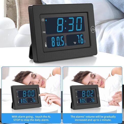 KWANWA LED Digital Clock with Indoor Temperature, Humidity, 12/24Hour, Wall Mount/Foldable Stand, 3 Dimmer, LED Digital Clock, Alarm Clock for Bedroom, Office, Living Room, Elderly in Kuwait