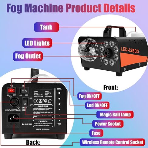 آلة دخان، آلة ضباب احترافية بقدرة 1200 وات مع نظام إضاءة DJ متكامل مع جهاز تحكم عن بعد لاسلكي لحفلات زفاف الهالوين، والحفلات، وأعياد الميلاد، ومسرح DJ، في الأماكن المغلقة in Kuwait
