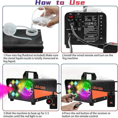 آلة دخان، آلة ضباب احترافية بقدرة 1200 وات مع نظام إضاءة DJ متكامل مع جهاز تحكم عن بعد لاسلكي لحفلات زفاف الهالوين، والحفلات، وأعياد الميلاد، ومسرح DJ، في الأماكن المغلقة in Kuwait