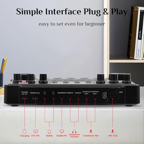 جهاز مزج الصوت Dj Interface Sound Board 48V XLR لأجهزة الكمبيوتر الشخصية والهواتف الكاريوكي ستوديو تسجيل البث المباشر للبودكاست in Kuwait