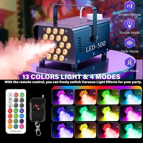 آلات الضباب مع 18 مصباح LED، آلة دخان مع 16 لونًا من تأثيرات الإضاءة القوية آلة دخان حفلات الهالوين، مع جهاز تحكم عن بعد لاسلكي سلكي، مناسبة للمهرجانات وحفلات الزفاف ومسرح دي جي. in Kuwait
