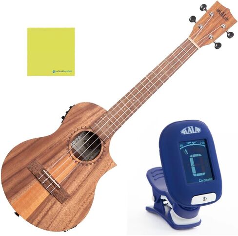 Kala Tenor Ukulele Teak Tri Top Ukulele with Cutaway & EQ Bundle with Kala Klipz Tuner in Blue and Liquid Audio Instrument Polishing Cloth - Kala KA-TK-T-CE Model in Saudi Arabia