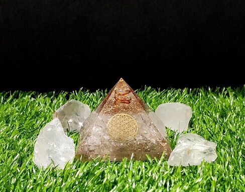 Combo of Citrine Orgone Crystal Pyramid with Flower of Life Symbol & 4 Pieces of Natural Raw Rough Stone for Positive Energy Generator, Reiki Chakra Healing, Meditation in Saudi Arabia