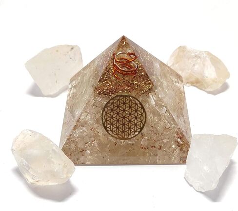 Combo of Citrine Orgone Crystal Pyramid with Flower of Life Symbol & 4 Pieces of Natural Raw Rough Stone for Positive Energy Generator, Reiki Chakra Healing, Meditation in Saudi Arabia
