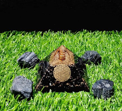 Combo of Citrine Orgone Crystal Pyramid with Flower of Life Symbol & 4 Pieces of Natural Raw Rough Stone for Positive Energy Generator, Reiki Chakra Healing, Meditation in Saudi Arabia