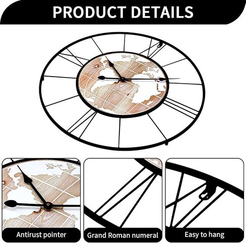 Retro Rust Wall Clock Non Ticking Large Iron Antique Hanging Clocks Vintage Innovative Classic, Silent Quartz Round Clock for Office Bedroom Living Room Decor in Saudi Arabia